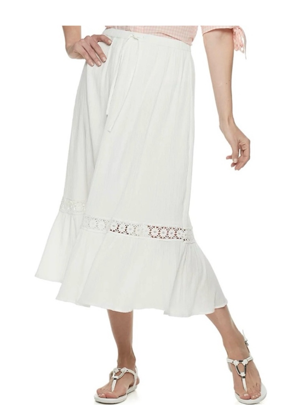 Cathy Daniels White Crochet-Trim Midi Skirt Gauze